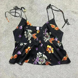 Savage X Fentry Camisole Women Medium Satin Floral Tank Top Peplum Black